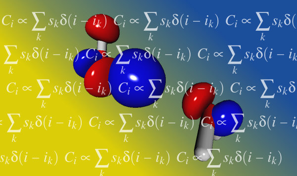 Electronic Structure Theory 3D molecular model consisting of blue and red spheres representing atoms, set against a gradient background with overlaid mathematical equations, including complex mathematical equations with summation symbols and indices.