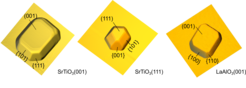 3D rendered atomic force microscopy images of pristine nanocrystals formed as the final stage of material agglomeration, starting initially from two different orientation of SrTiO3 and one for LaAlO3 membranes.
